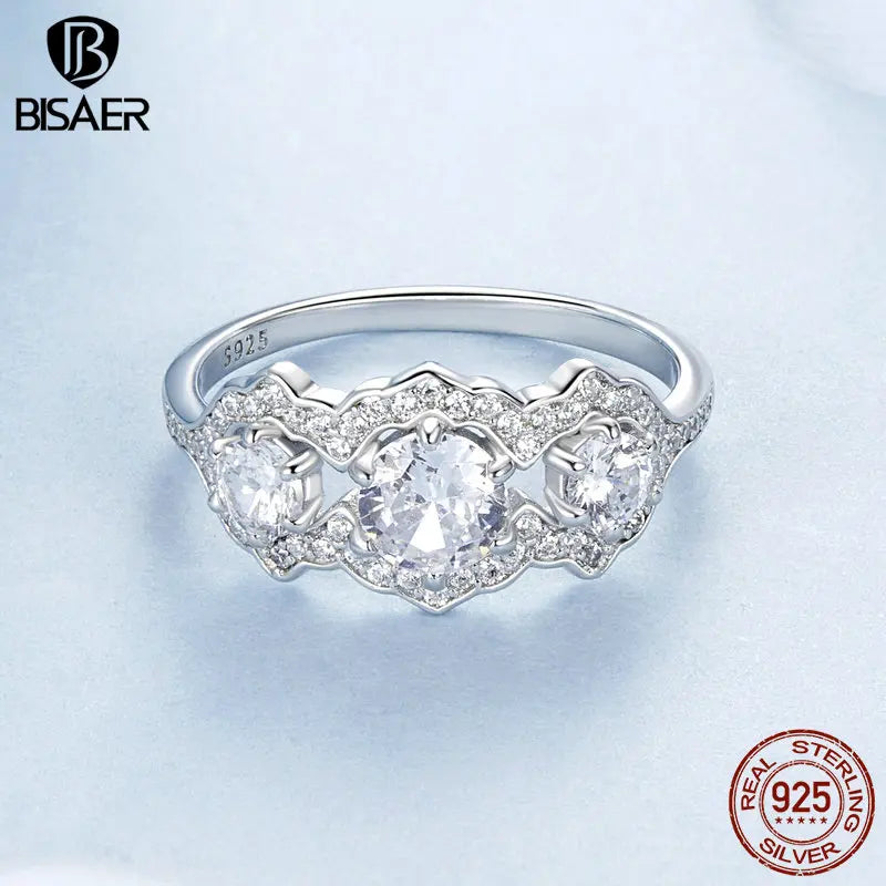 Bague étoile scintillante en argent sterling 925 BISAER avec bande de zircone éblouissante plaquée or blanc pour femme, bijoux fins de mariage