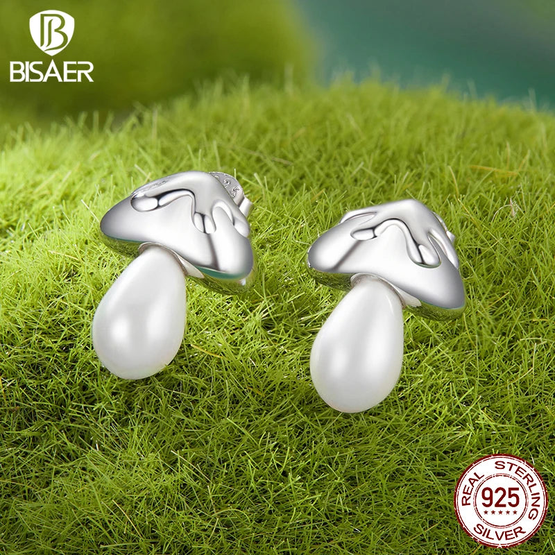 BISAER 100% 925 Sterling Silver Cute Mushroom Stud Earrings Pearl Stud Ear Plaqué Or Blanc Pour Femmes Fête Fine Jewelry Cadeau