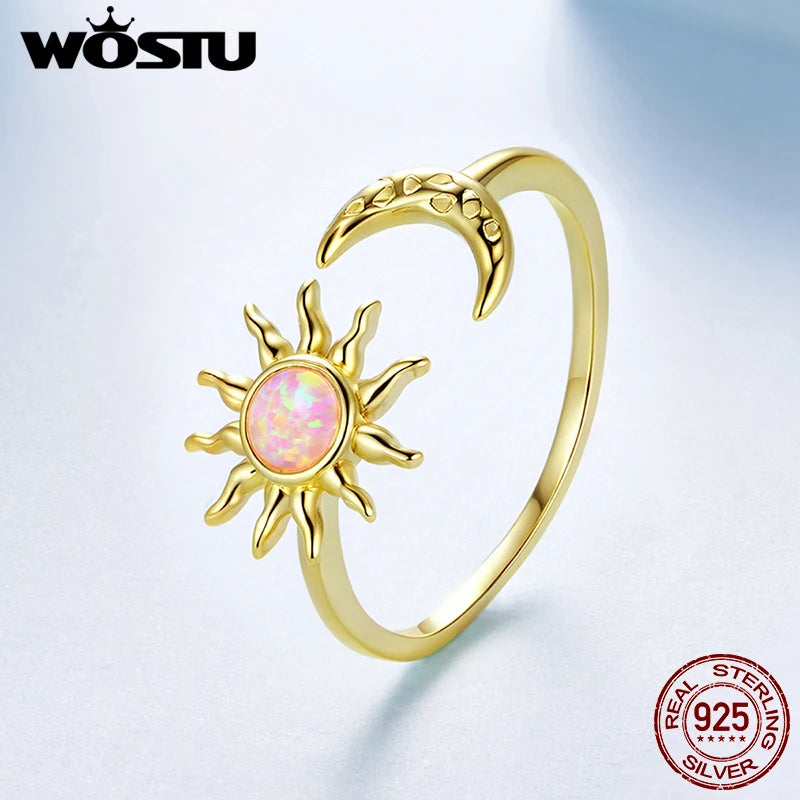 WOSTU 925 Sterling Silver Opal Sun and Moon Open Ring Plated Gold Original Warm for Women Anniversary Birthday Fine Jewelry Gift