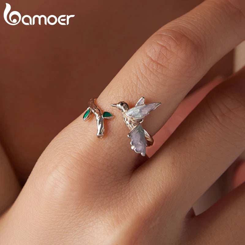 Bamoer 925 Sterling Silber Eisvogel Emaille Offener Ring Verstellbarer 3D Vogelform Ring für Damen Mädchen Lebhafte Geburtstagswünsche Geschenk
