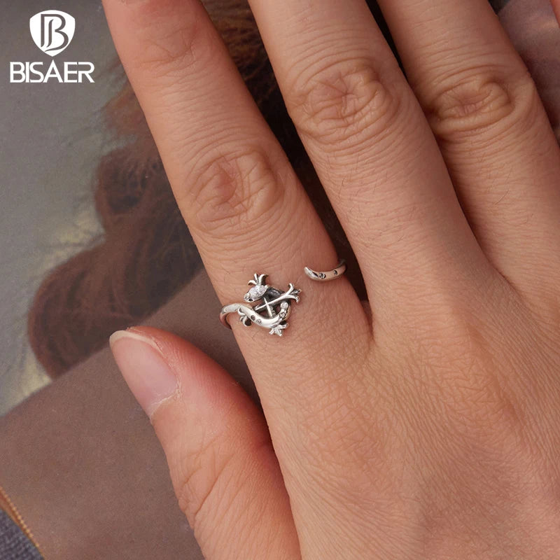 BISAER Real 925 Sterling Silver Iris Snake Open Ring Retro Flowers Band Adjustable Size 5-9 for Women Party Fine Jewelry ECR1136