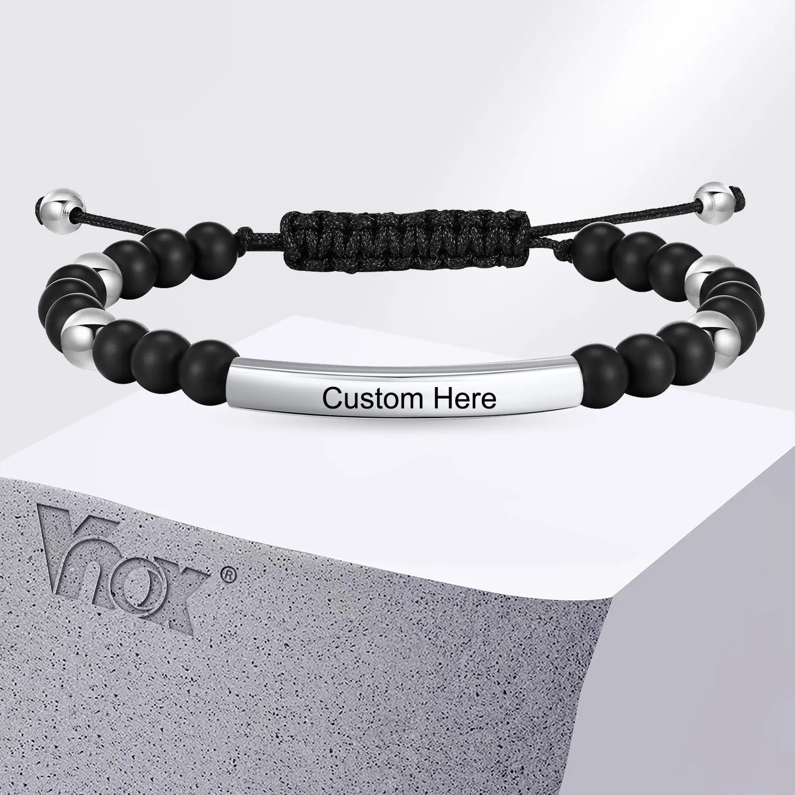 Vnox Free Engrave Words Stainless Steel Bangles, Black Natural Beads Beaded Bracelets, Adjustable Mens Wristband Gift