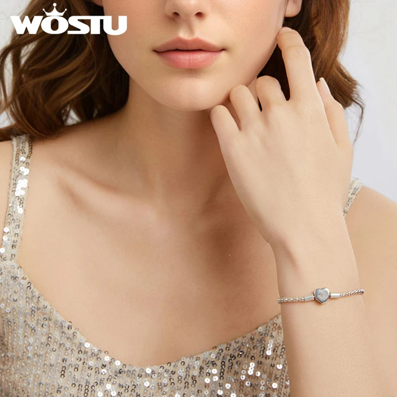 WOSTU 925 Sterling Silver Simple Love Heart Bangle Bracelet Simple Basic Bangles Fit Original Charms Beads DIY Gift for mom