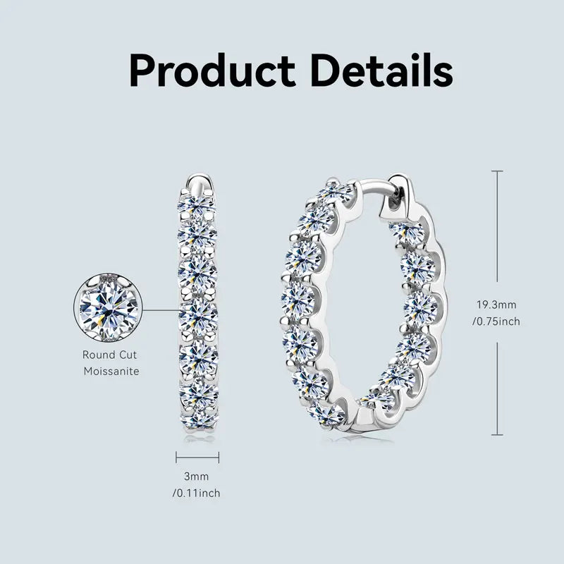 OXTAO 100% Sterling 925 Silver Row Inlaid Round Cut 3mm 2.6CT Moissanite Fashion Jewelry Hoop Earrings For Women