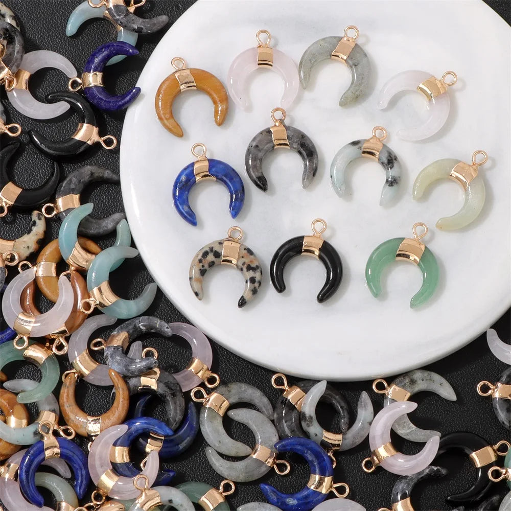 3PCS/lot Natuarl Moon Shape Gems Stone Pendant 16x15mm Labradorite Lapis Lazuli Jade Charms For Jewelry Making Necklace Earrings