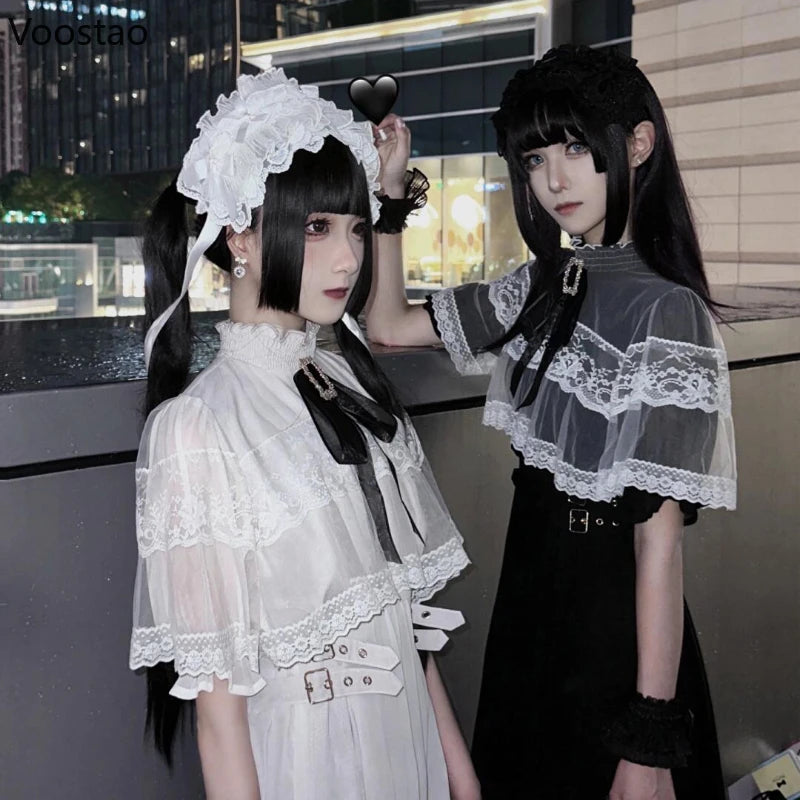 Japanese Style Gothic Y2k Lolita Rhinestone Bow Dress Sweet Women Lace Cape Short Sleeve Slim Party Dresses Elegant Fairy Dress