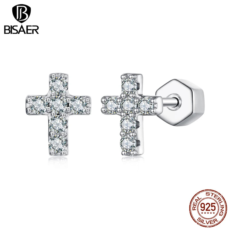 Boucles d'oreilles à tige en forme de croix en moissanite Bisaer pour femmes religieuses en argent sterling 925 2CTW D VVS1 plaqué or blanc bijoux fins