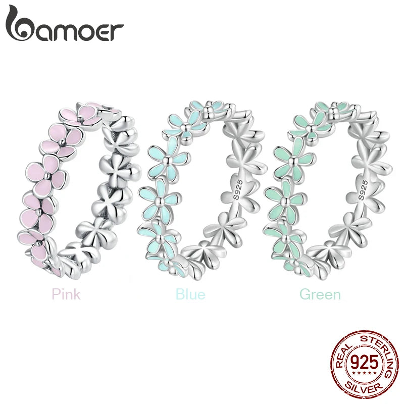 BAMOER S925 Sterling Silber Rosa Kranz Fingerring für Frauen Geburtstag Valentinstag Geschenk Süß Romantisch Edler Schmuck 3 Farben