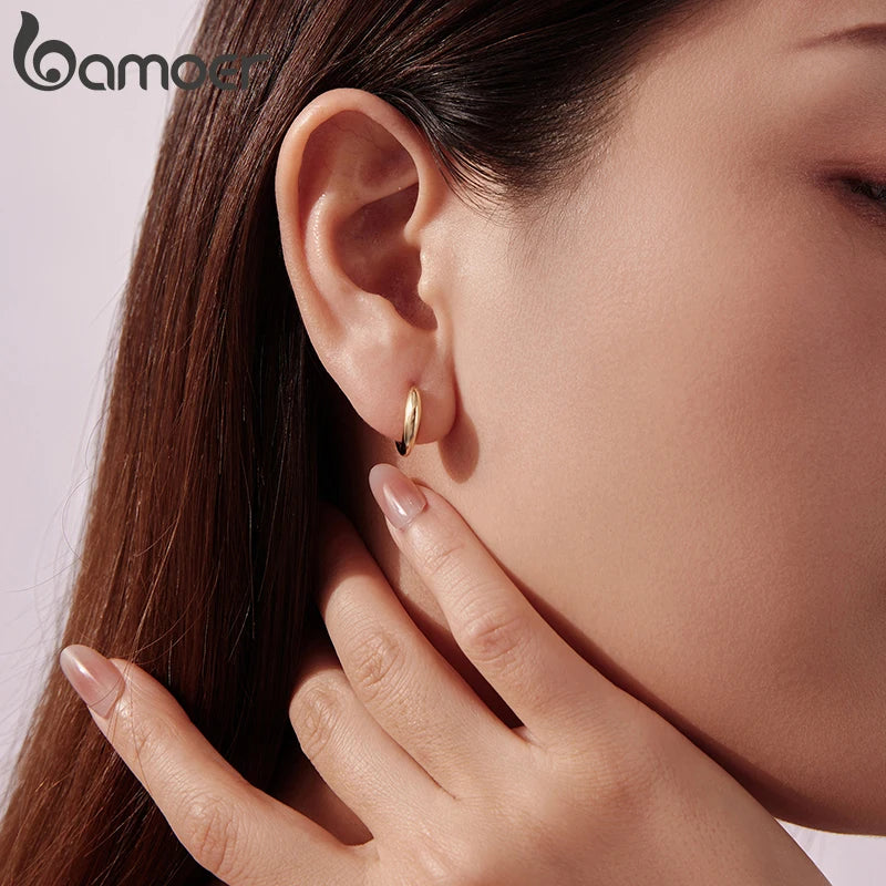 BAMOER 925 Sterling Silver Glossy Ear Cuff for Women, 18K Gold Geometric Metallic Huggies Earrings Minimalist Daily Jewelry Gift