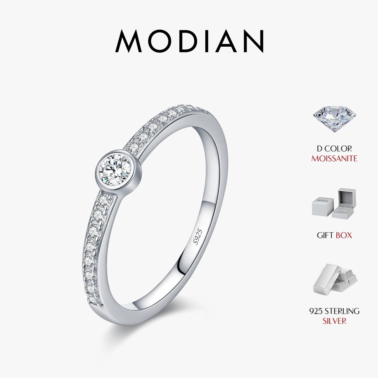 MODIAN 0.1CT D Color Moissanite 925 Sterling Silver Fashion Round Stackable Finger Rings For Women Daily Fine Jewelry 