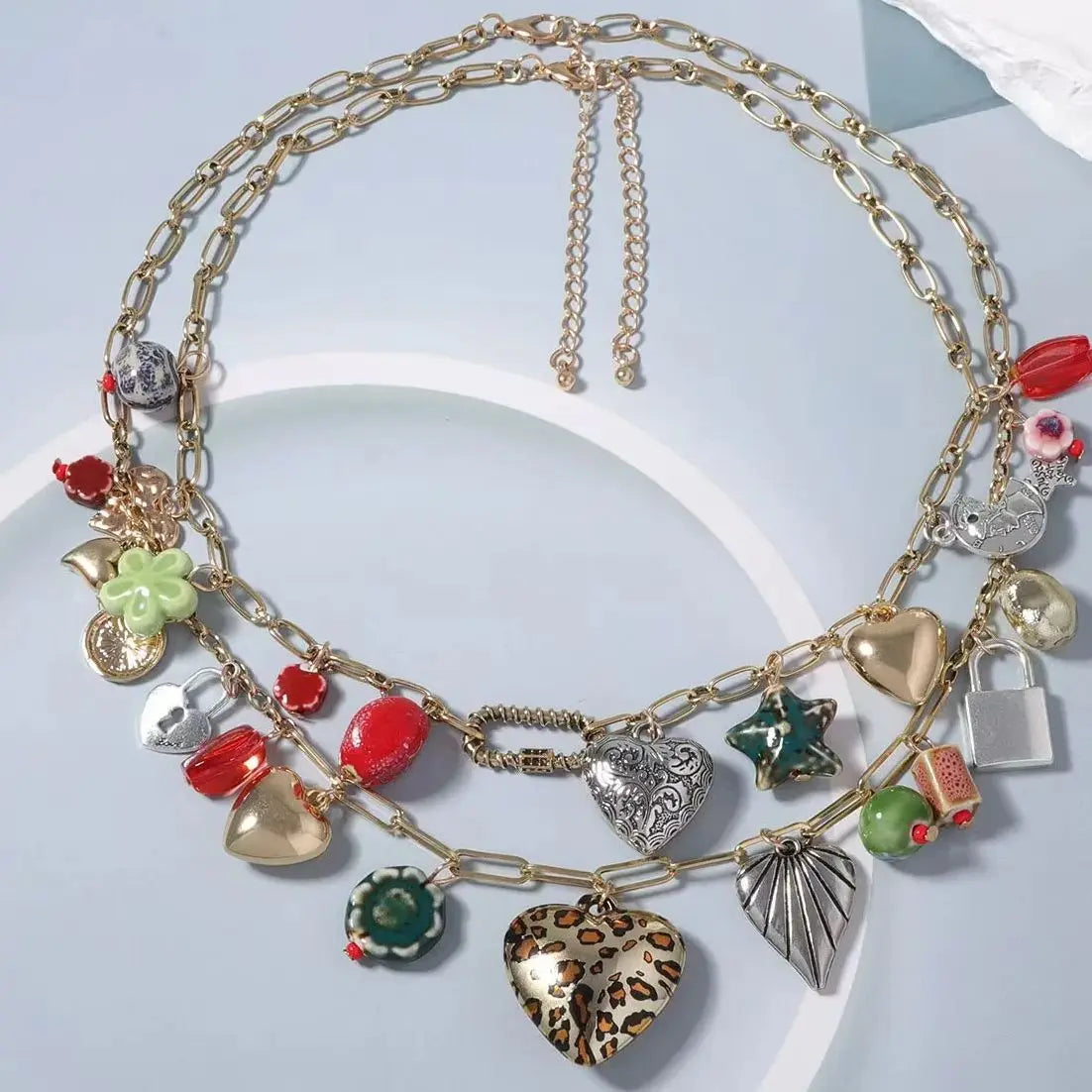 ZAA Vintage Double-layer Heart-shaped Lock Tassel Pendant Necklace Jewelry