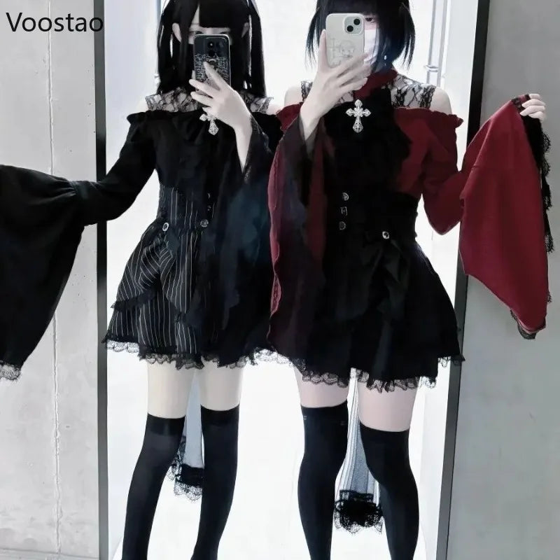 Victorian Gothic Lolita Style Shirts Japanese Women Vintage Elegant Lace Ruffles Flare Long Sleeves Blouse Female Y2k Slim Tops