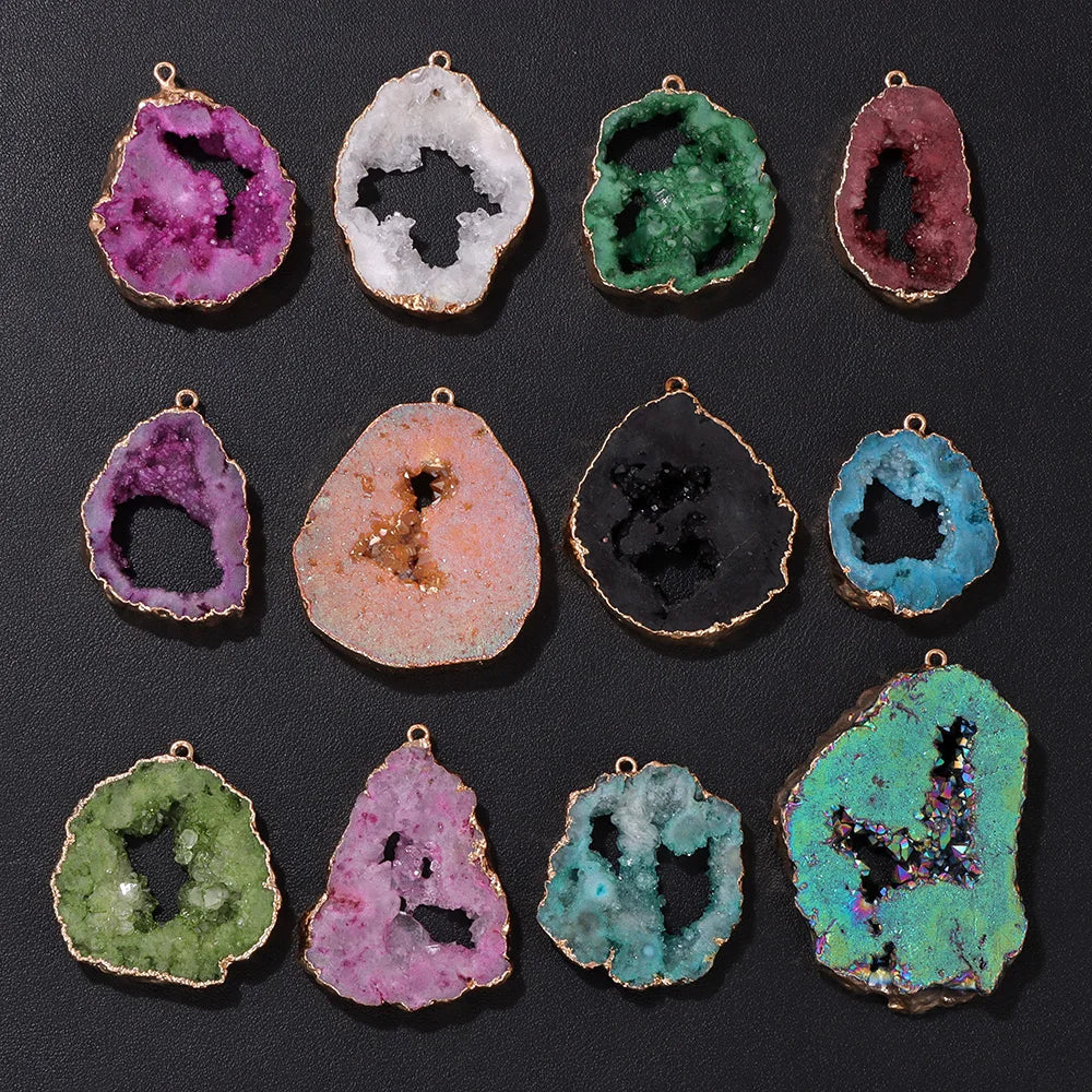 1 PCS Colorful Natural Quartz Geode Pendant Irregular Shape Gold Color Plated Agat Slice Charm Pendants For Jewelry Necklace DIY