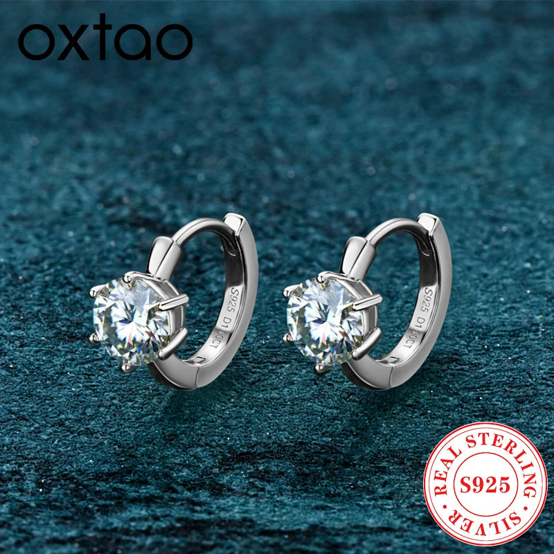 OXTAO Real 925 Silver Ladies Jewelry Earrings 6.5mm 1.0ct Moissanite Six Claw Hoop Earrings Solitaire Stone Fine Jewelry Gift