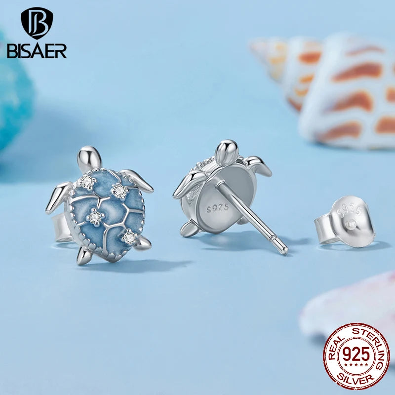 BISAER 925 Sterling Silver Turtle Stud Earrings Bule Enamel Stud Ear Plated White Gold for Women Party Fine Jewelry Holiday Gift