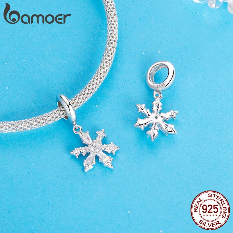 BAMOER Solid 925 Sterling Silver Snowflakes Pendant Bead fit Original Bracelet & Necklaces Jewelry DIY bamoer Charm Ice Flower