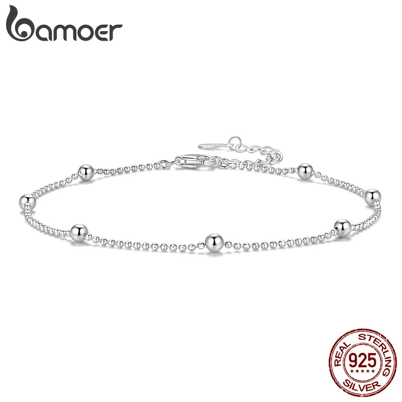 Bamoer 925 Sterling Silver Beads Anklet Minimalist Solid Summer Body Jewelry for Women Teens Fashion Beach Party Gift