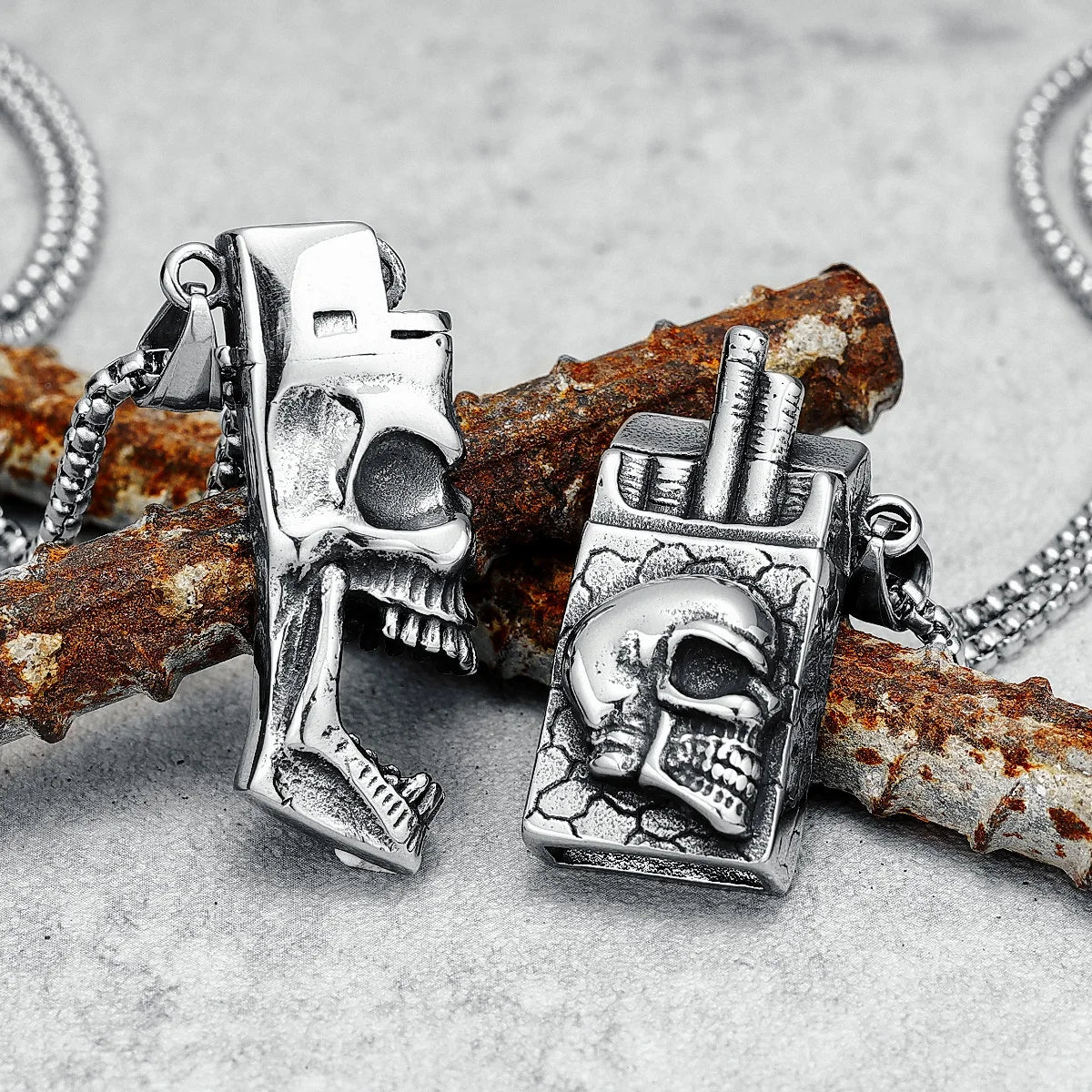 Skeleton Lighter Necklace 316L Stainless Steel Cigarette Box Men Pendant Chain Punk for Boyfriend Biker Rider Jewelry Funky Gift