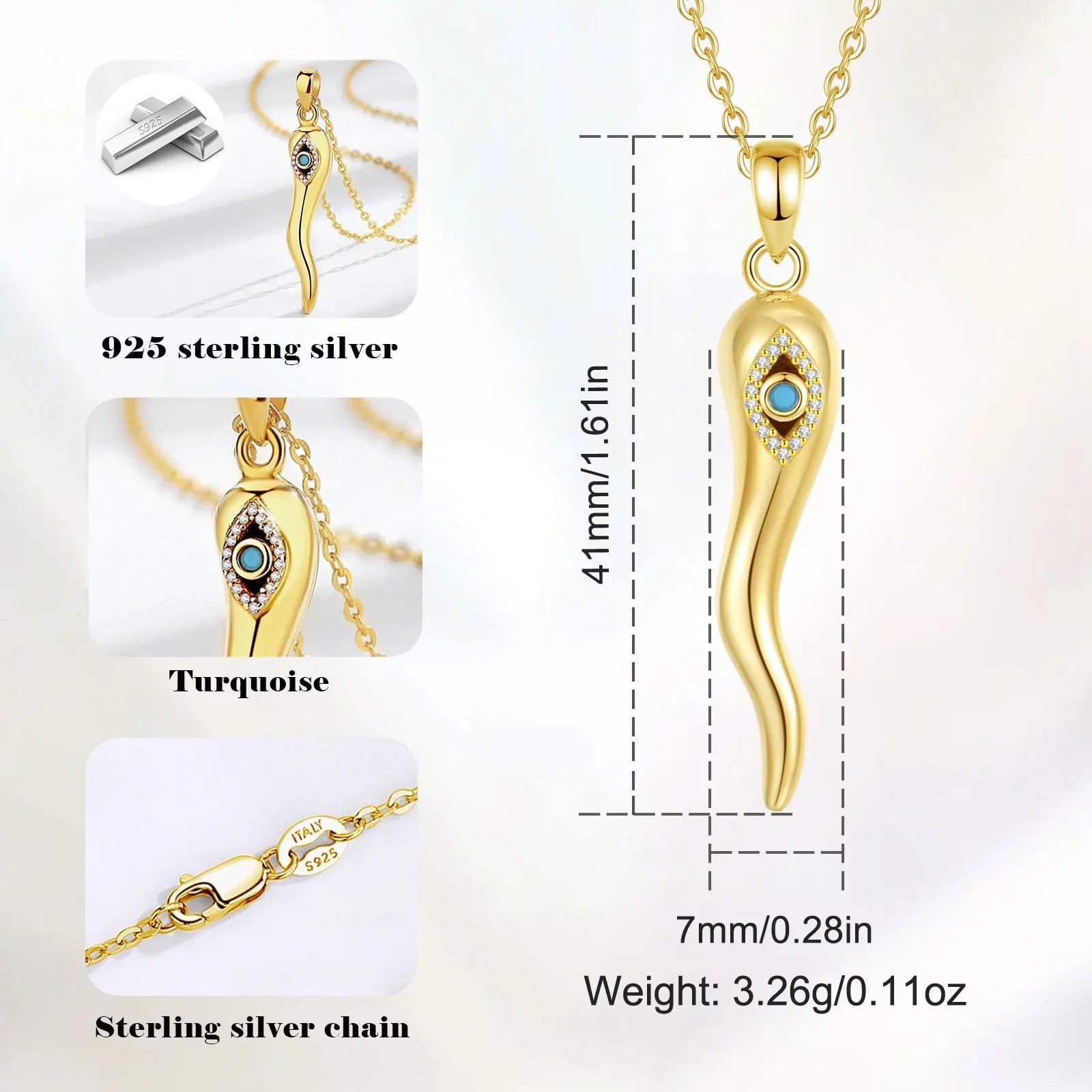 Eudora 925 Sterling Silver Italian Horn Necklace for Women Men Gold Good Luck Charm Cornicello Amulet Pendant Evil Eye Jewelry