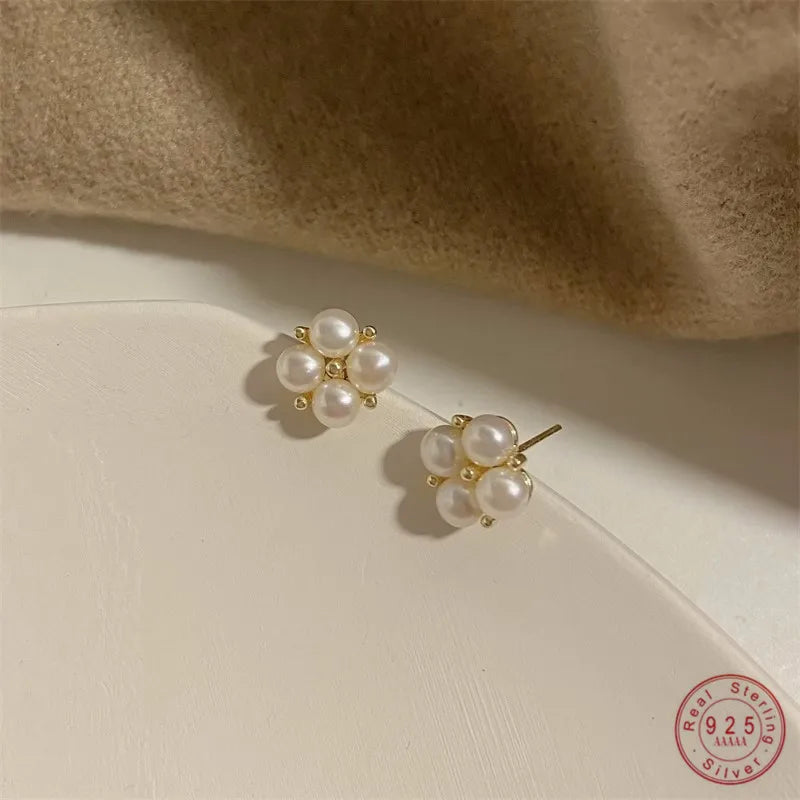 925 Sterling Silber Vier Perlen Ohrring für Frauen Französisch Temperament Exquisite Hochzeit Party Schmuck Zubehör