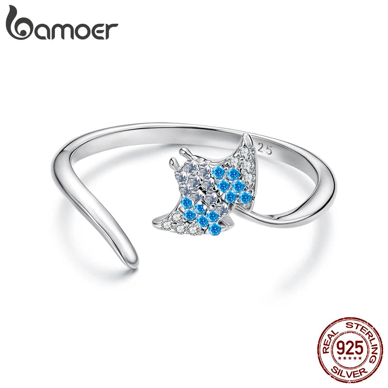 BAMOER 925 Sterling Silber Manta-Fisch-Ring, Stapelbarer Fingerring, Niedliche Tiere, Verstellbare offene Ringe, Geburtstagsgeschenk BSR669-E