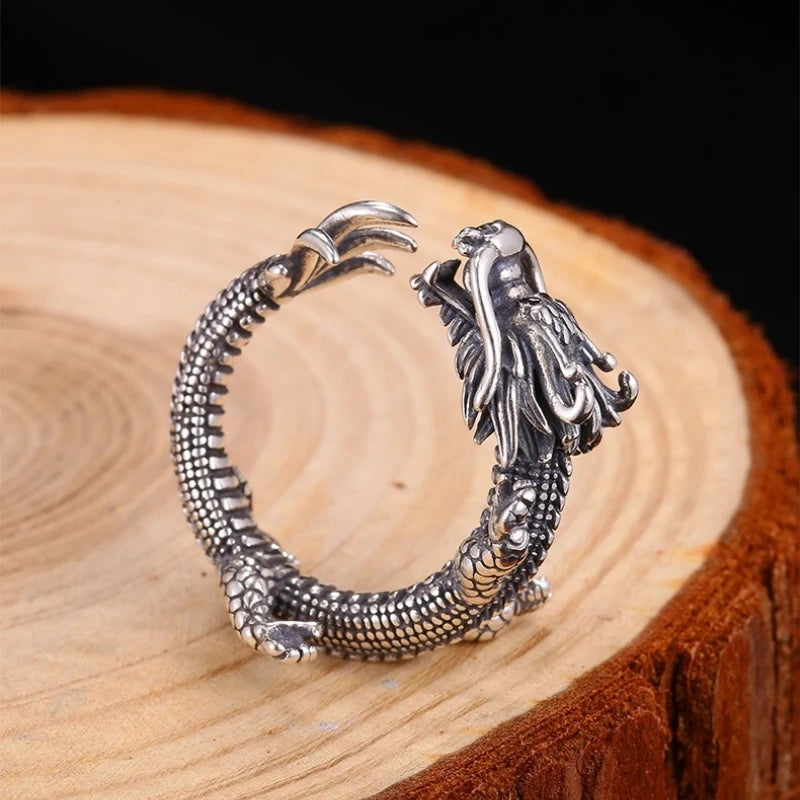 Buyee 925 Sterling Silber Einzigartiger Ringfinger für Damen und Herren, modisch, chinesischer Drache, Tier, Rock, Punk, edler Schmuck, Kreis, mit Box