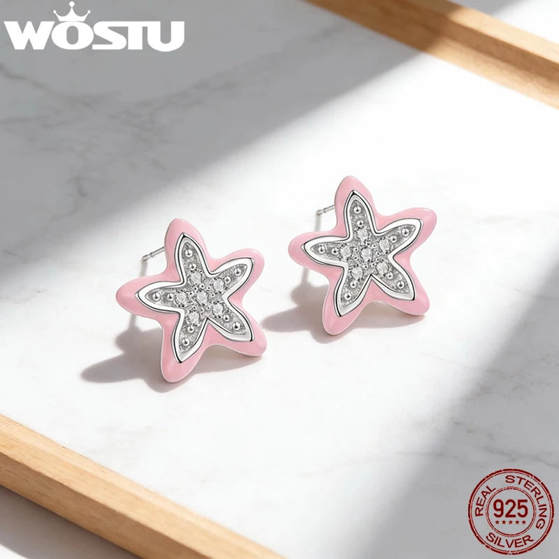WOSTU 925 Sterling Silver Pink Enamel Floral Star Stud Earrings, AAA Shiny zircon Pink Starfish Ear Studs Cute Gift for Girl