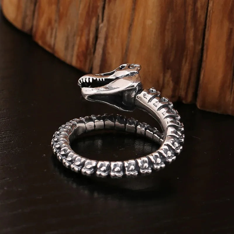 Buyee 925 Sterling Silber Ring Finger Schwarz Dinosaurier Knochen Ring für Frau Mann Mode Einzigartige Große Feine Schmuck Kreis mit Box