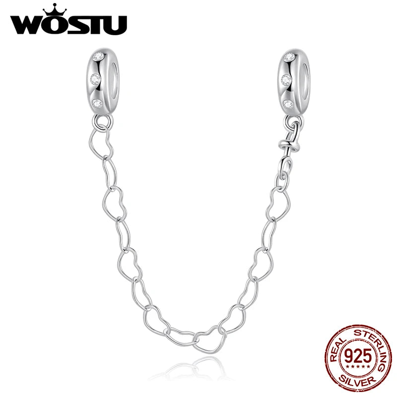WOSTU Original 925 Sterling Silver Pink Bow Heart SnowFlake Safety Chain Turtle Spacer bead Fit Bracelet Jewelry Making DIY Gift