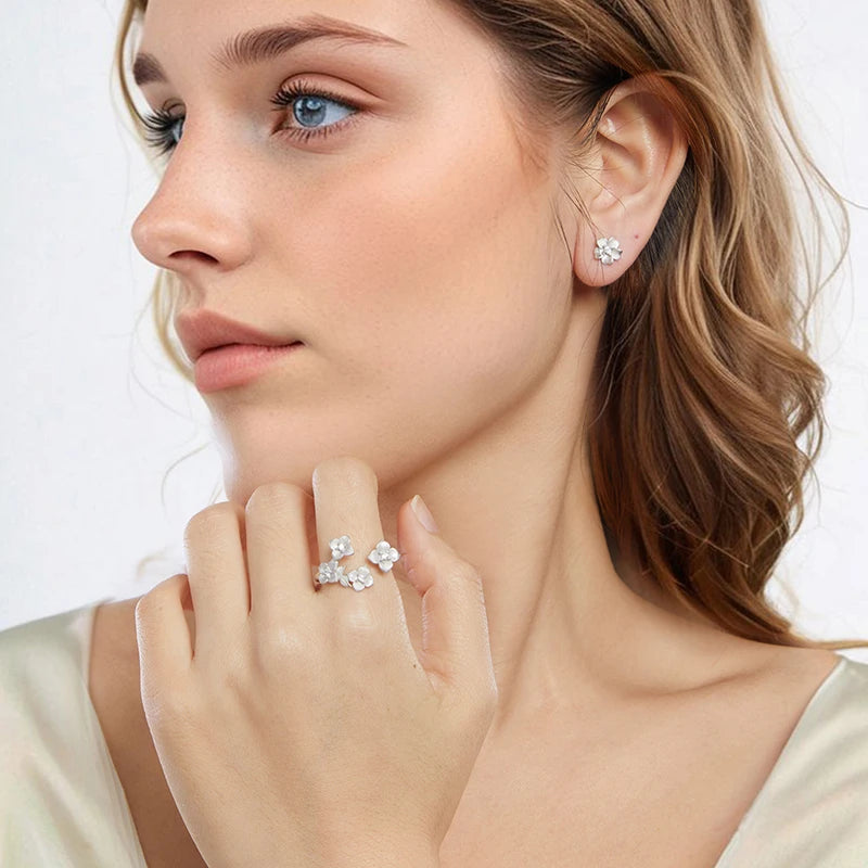 WOSTU 925 Sterling Silver Frosted Flower Open Ring AAA Zircon Flower Stud Eearrings Wedding Set Valentine luxury Jewelry Gift