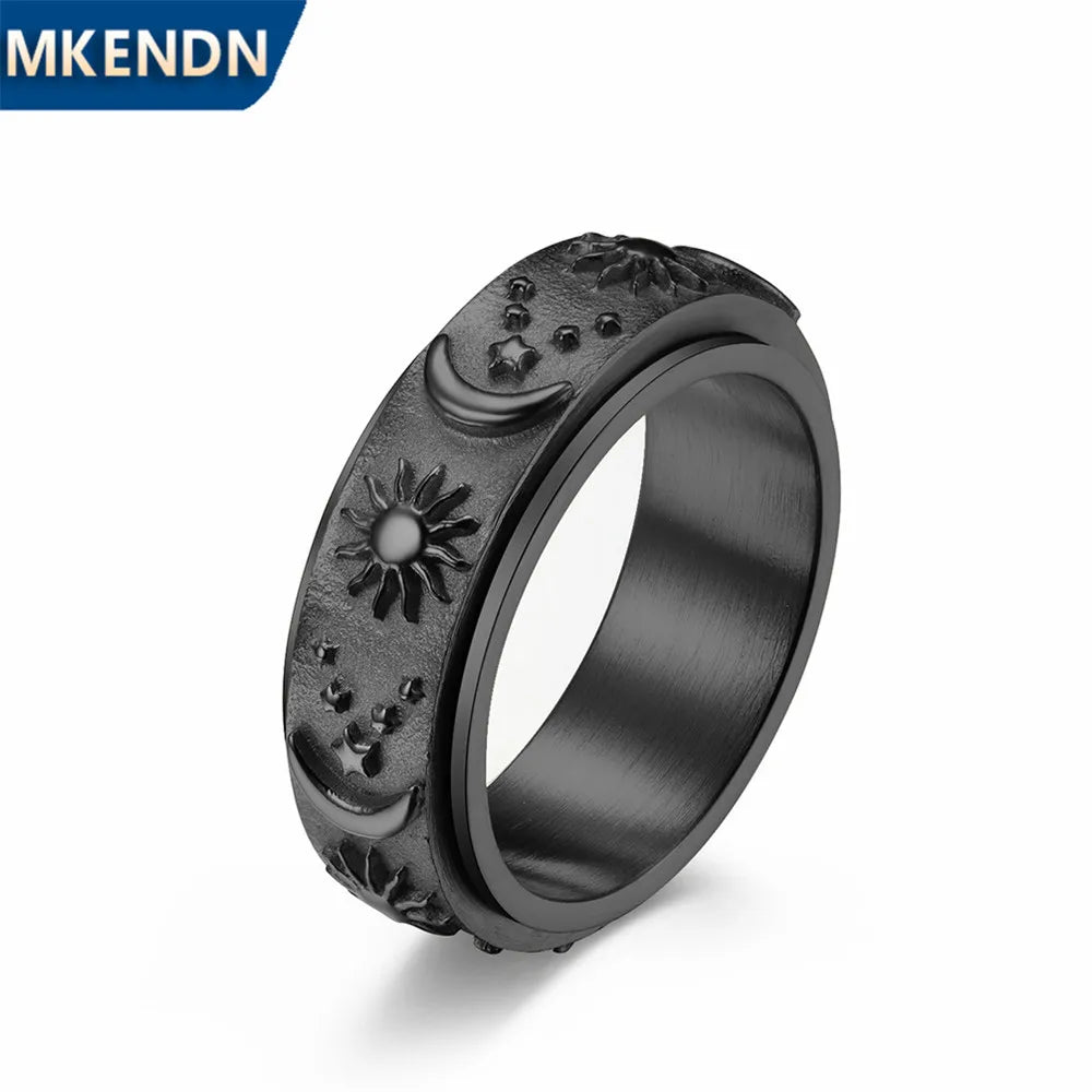 MKENDN High Quality Stainless Steel Embossed Star moon sun Rotatable Ring For Men Women Fashion Finger Jewelry Gifts