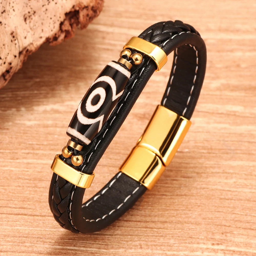 MKENDN Charm Men Bracelet Tibetan Buddhism Nine-Eyed Dzi Bead Leather Bracelet Homme Stainless Steel Accessories Lucky Bangle