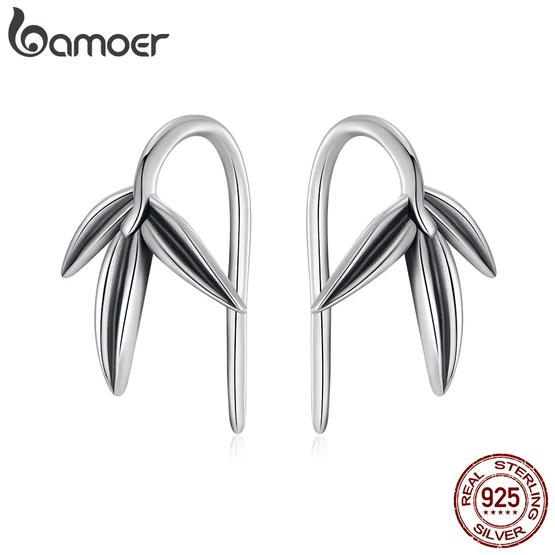 BAMOER 925 Sterling Silver Bamboo Stud Earrings for Women Simple Minimalism Hoops Hypoallergenic Earrings for Daily Jewelry