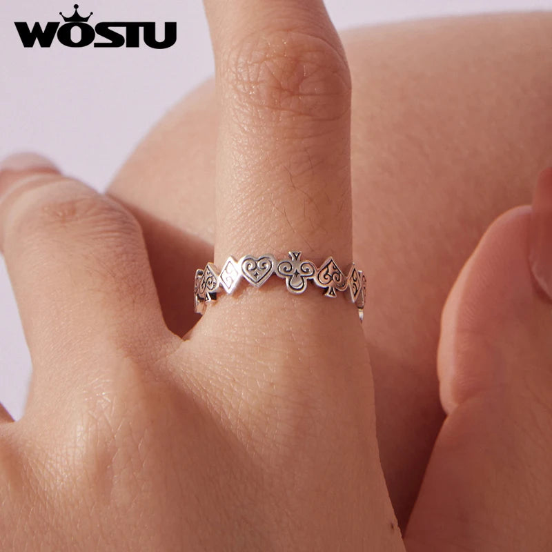WOSTU Vintage 925 Sterling Silver Poker Card Open Ring For Women, Antique Adjustable Stacking Party Rings Fine Gift