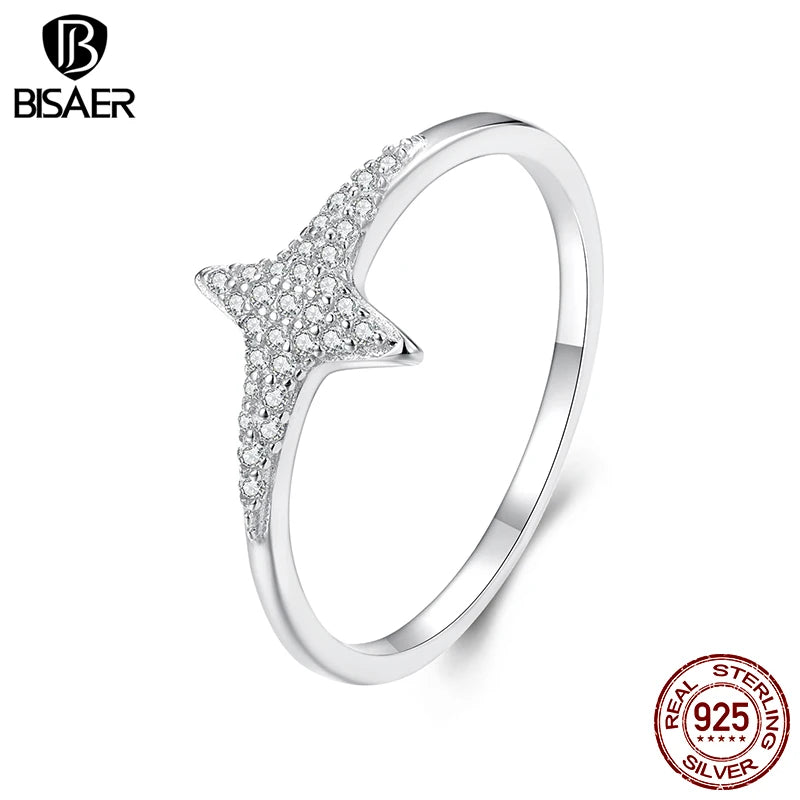 Bague étoile scintillante en argent sterling 925 BISAER sertie de zircons pavés, bande de doigt plaquée or blanc pour femme, bijoux fins de mariage
