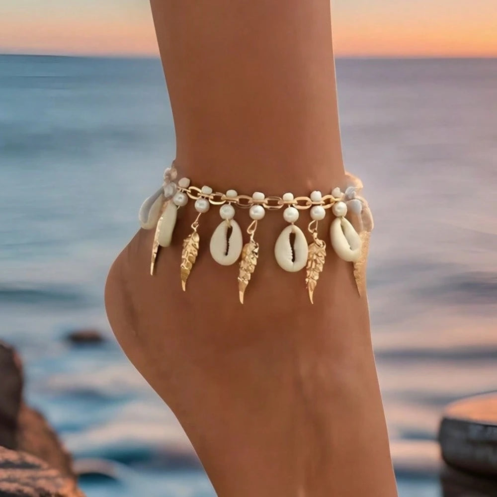 1 Piece Bohemian Vacation Foot Bracelet Jewelry Trendy Fashion Beach Shell Leaf Tassel Anklet Women's Ankle Accessories