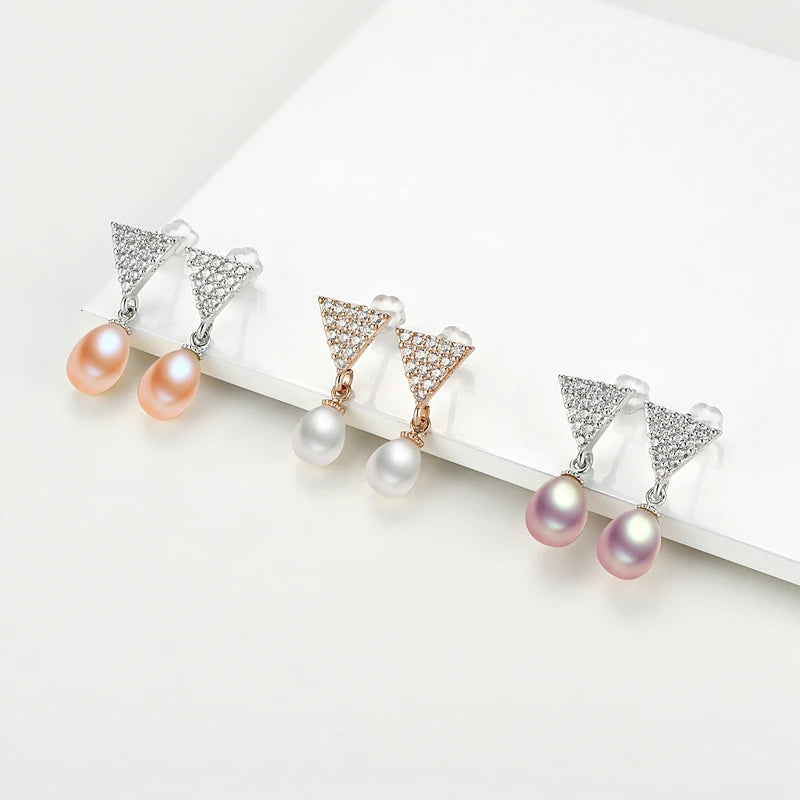 OXTAO Freshwater Pearl Earring Upside Down Triangle Hanging Earrings For Women'S Stylish Jewelry Design Exquisite Shiny Gift