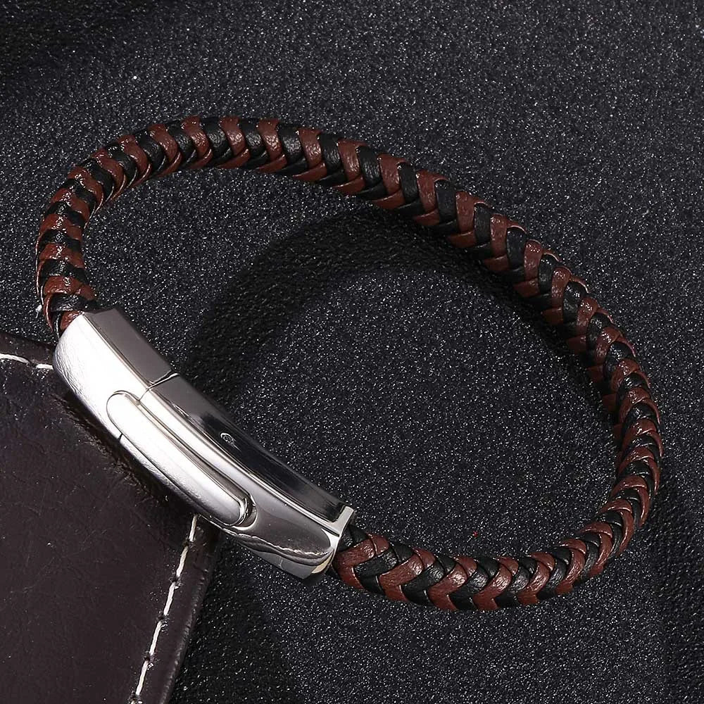 MKENDN Simple Classic Men Handmade Coffee Black Leather Braided Rope Man High Quality Stainless Steel Button Jewelry