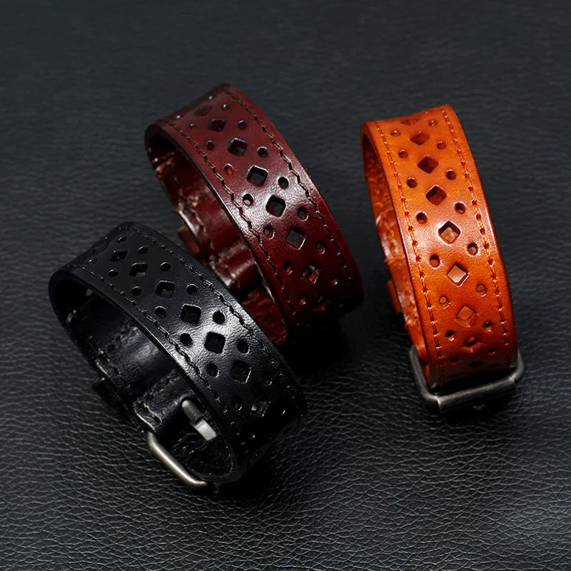 MKENDN Vikings Genuine Leather Bracelet For Hand Wristband Men Woman Hollow Carved Design Watch Strap Couple Jewelry Gift