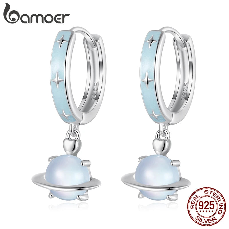 BAMOER 925 Sterling Silver Blue Planet Hoops Earrings, Lightweight White Gold Plated Hoop Earrings for Women SCE1803