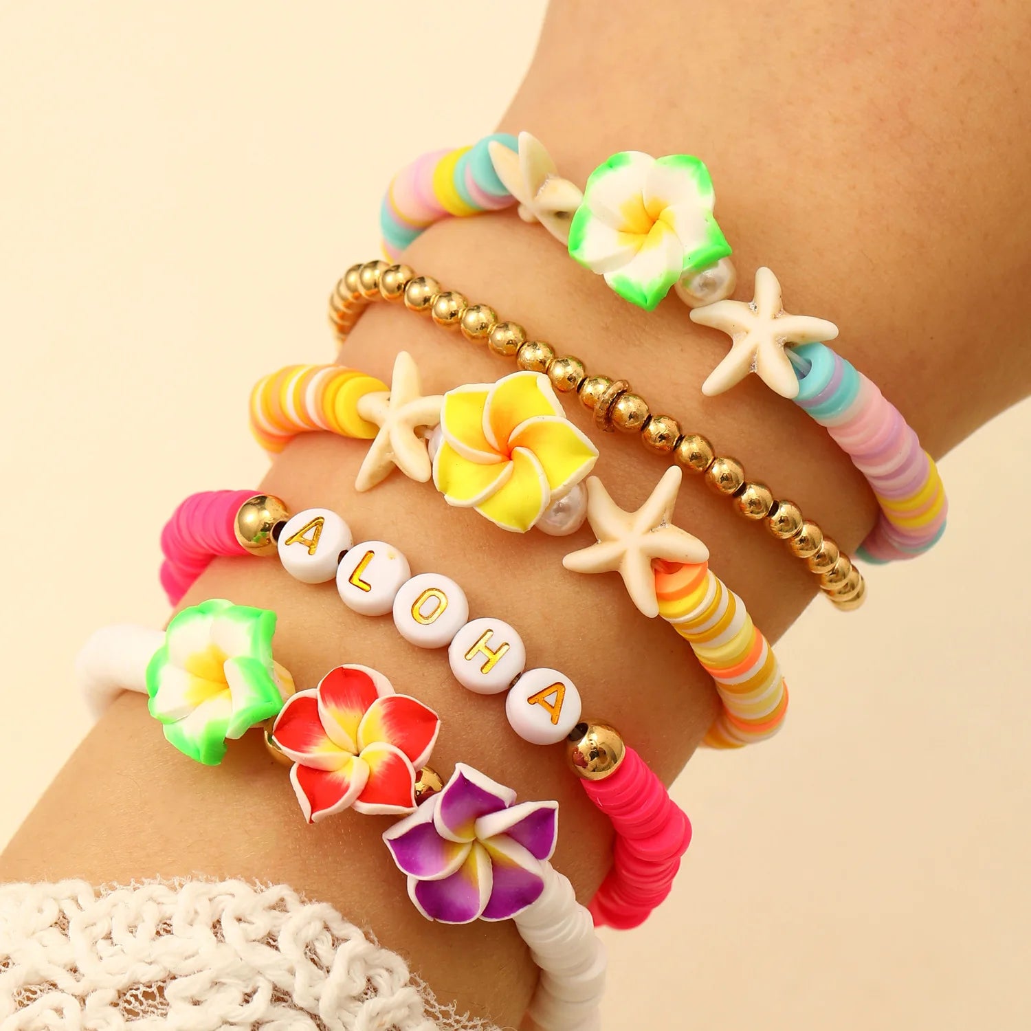 Bohemian Starfish Flower Charm Bracelet For Women Colorful Flowers Letter Soft Clay Pottery Beaded Bracelets Beach Party Jewelry