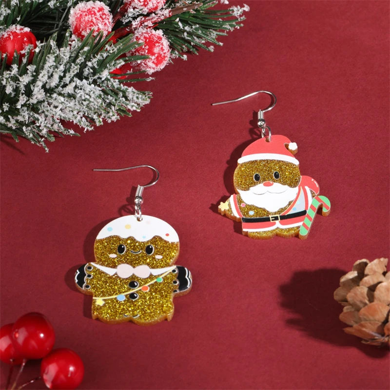 Christmas Gingerbread Man Santa Claus Asymmetrical Dangle Earring for Women Cute Xmas Hat Dog Kitten Acrylic Earrings Jewelry