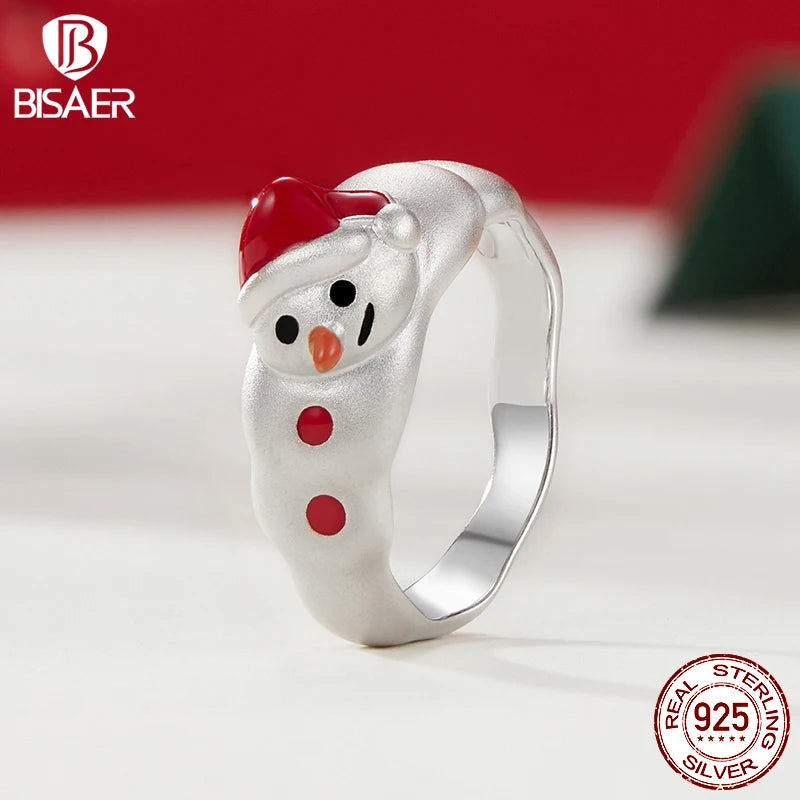BISAER 925 Sterling Silber Weihnachts-Schneemann-Ring Emaille-Prozess Band Vergoldet Weißgold für Frauen Party Feiner Schmuck Weihnachtsgeschenk