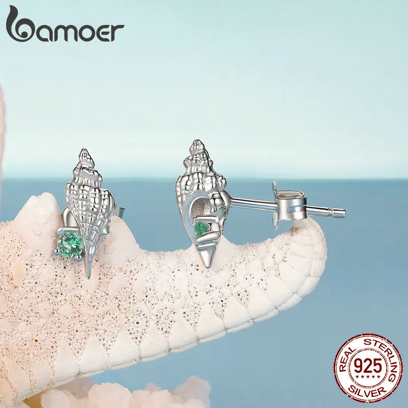 BAMOER 925 Sterling Silver Conch Stud Earrings Inlaid Green Zirconia Hypoallergenic Earrings for Women Ocean Series Jewelry