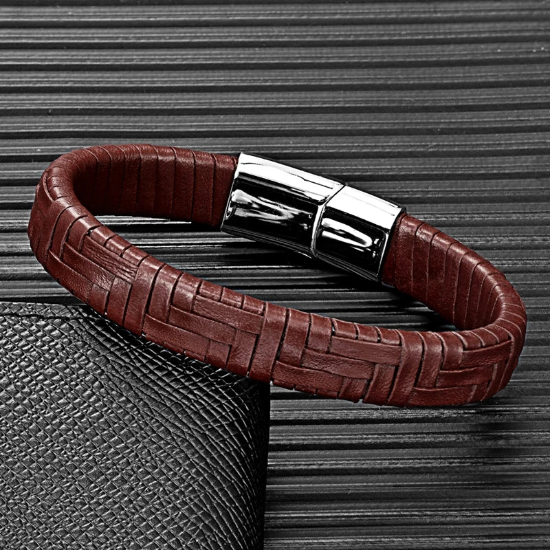 MKENDN Punk Men Multilayer Braid Genuine Leather Bracelet Titanium Stainless Steel Magnetic Buckle Bracelet Homme Pulseras