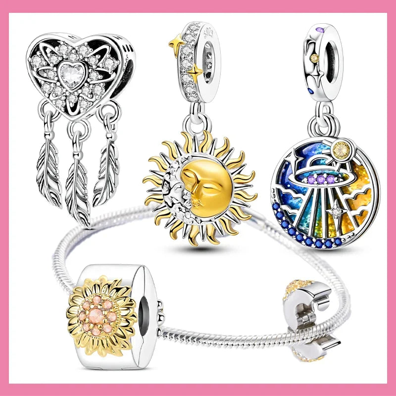 Sterling Silver 925 Bright Sun Charms Dazzling Stone Sun Dreamcatcher Beads Fit Original Bracelet for Women Diy Jewelry Gifts