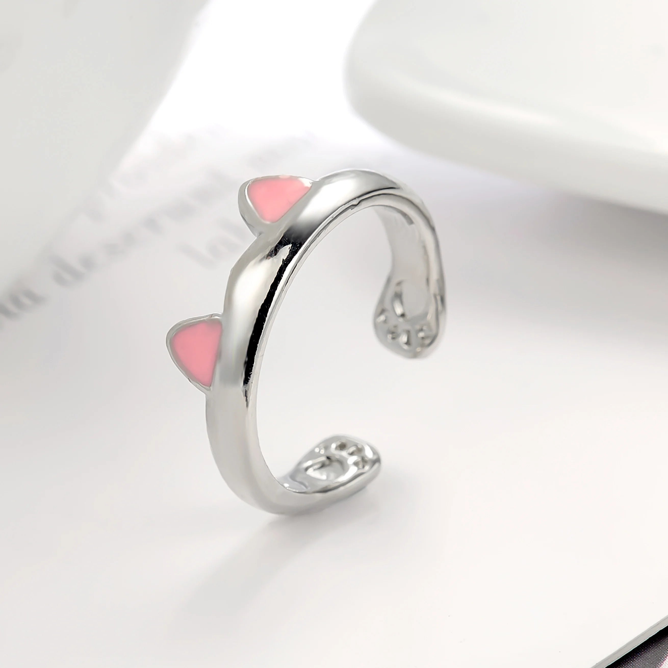 Pink Cute Cat Ear Ring For Women Cats Paw Embrace Tightly Opening Finger Rings Girl Ladies Party Birthday Jewelry Accessories
