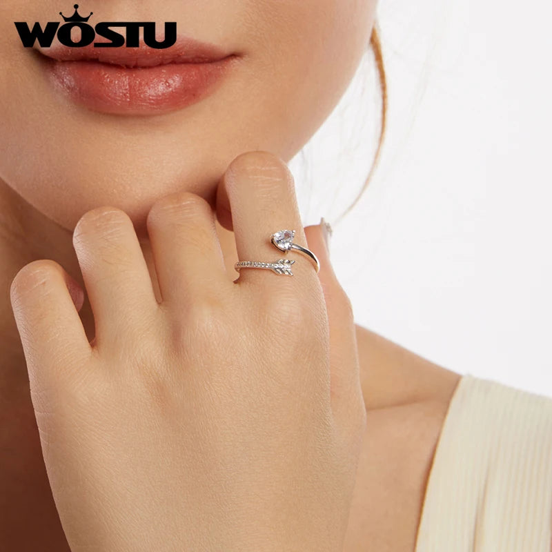 WOSTU Real 925 Sterling Silver Arrow Heart Open Ring Wedding Party Gift AAA Zircon Adjustable Rings Girl Lolvey Jewelry CTR666-E