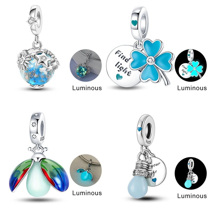 Leuchtender Charm-Anhänger mit Glühwürmchen, Schmetterling, Sternen, 925er Silberperlen für originale Pandora-Armbänder zur Schmuckherstellung zum Geburtstag
