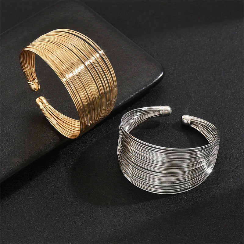 Classic Punk Wide Open Cuff Bracelet Bangle For Women Men Gold Color Punk Metal Wire String Exaggerated Bracelets Charm Jewelry